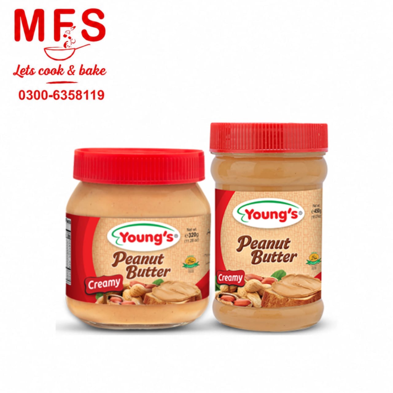 Young's Creamy Peanut Butter in  glass jar with a red lid.