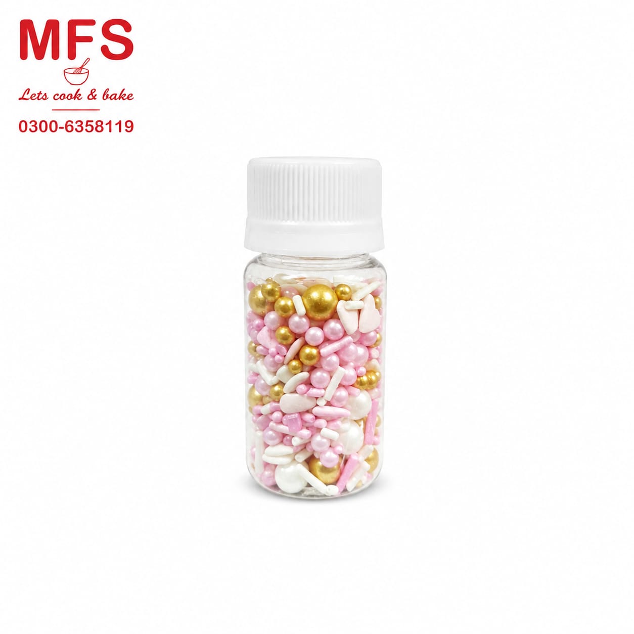 Edible sprinkle mixes  pink, gold, and white, including metallic sugar pearls and rods  30gm