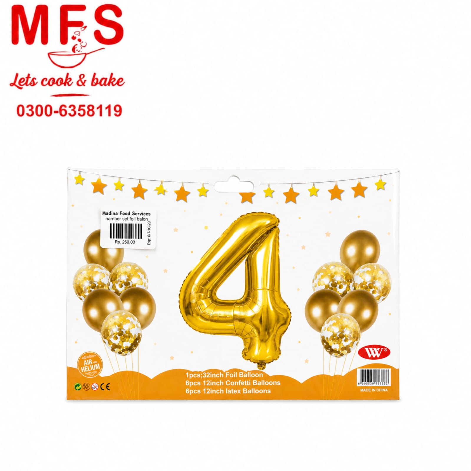 Balloons Metallic + Confetti + 32" Number 4 Golden ( pack of 13 )